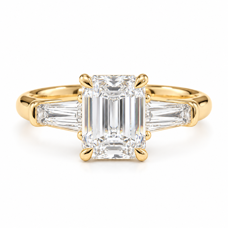 2 Carat Emerald Cut Trilogy Ring Lab Grown Diamond Engagement Ring