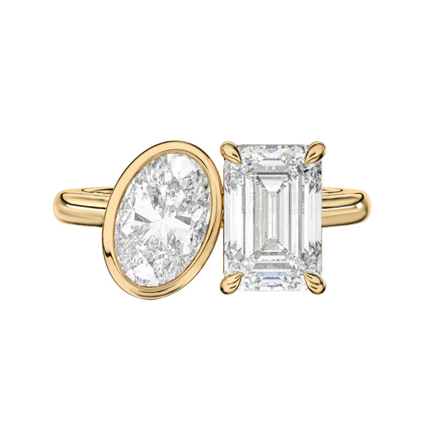 emerald lab grown diamond engagement ring in silver, three-quarter view