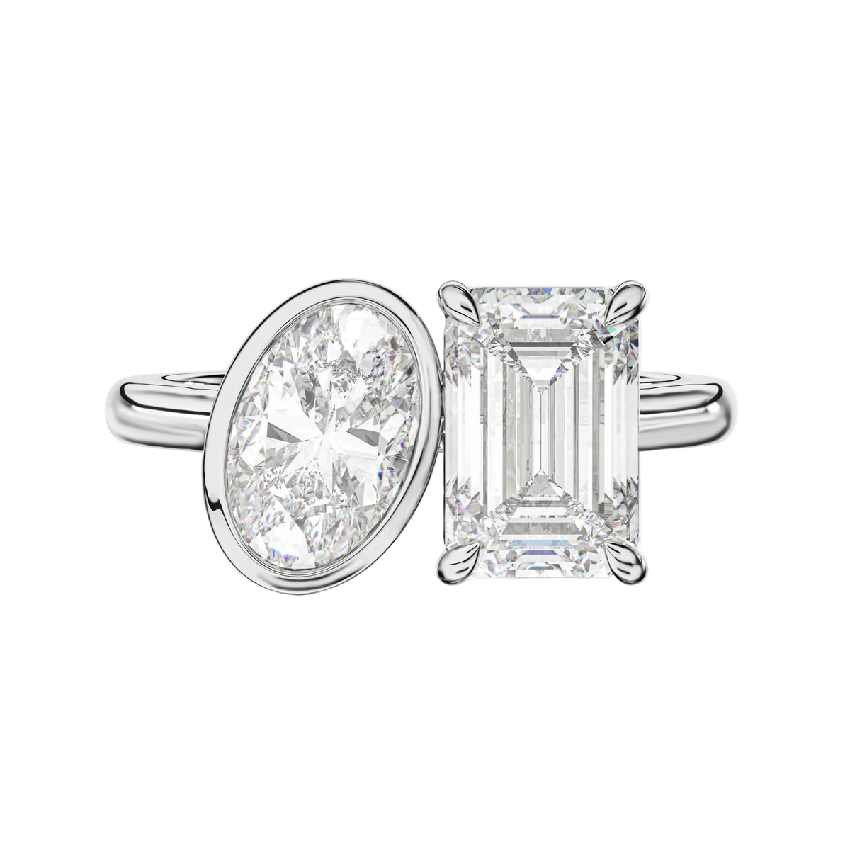 Oval and Emerald Two Stone Engagement Ring