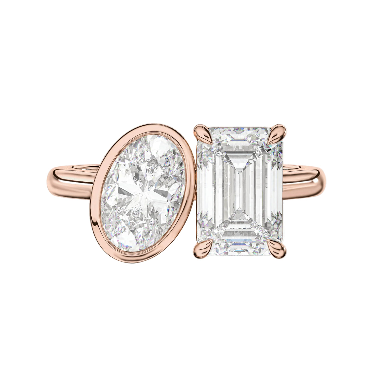Oval and Emerald Two Stone Engagement Ring