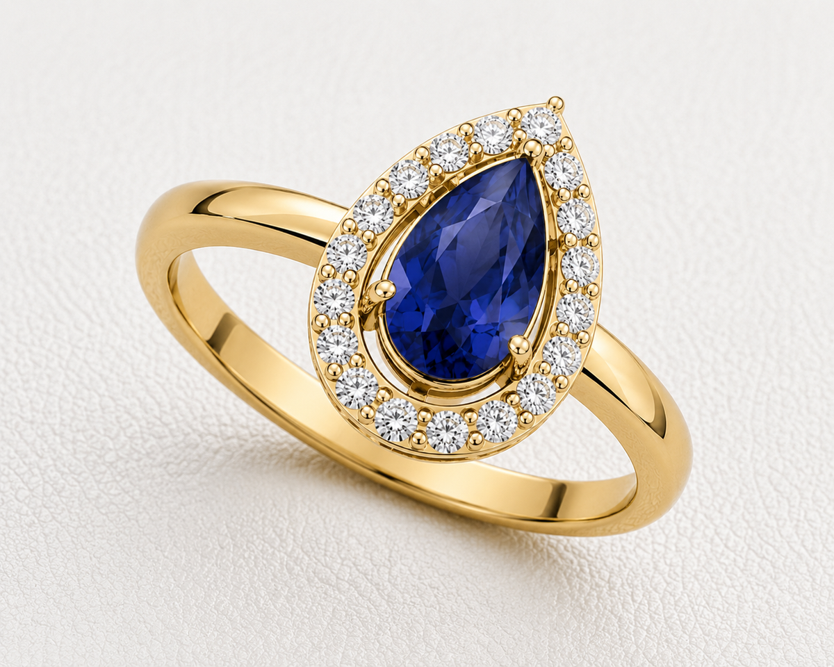 pear lab grown diamond halo engagement ring in 14k, top view