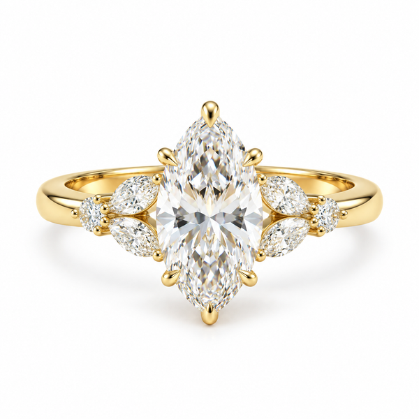 marquise lab grown diamond engagement ring in silver, three-quarter view