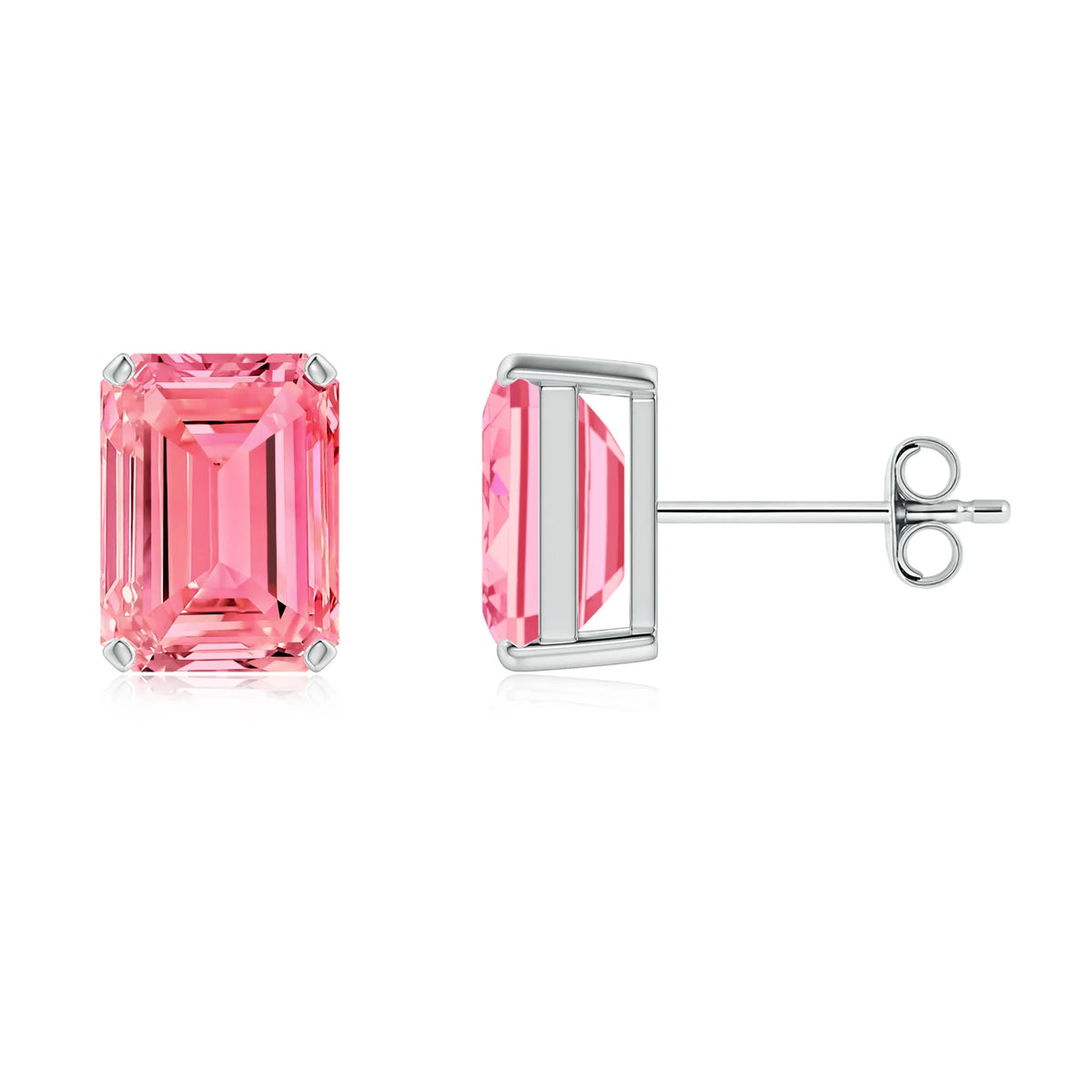 Prong-Set Emerald Cut Lab-Grown Fancy Intense Pink Diamond Solitaire Stud Earrings