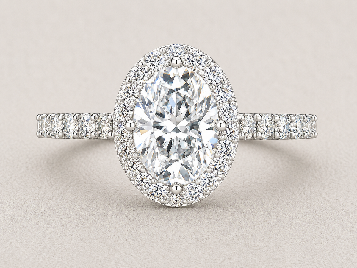 oval lab grown diamond engagement ring in silver, three-quarter view