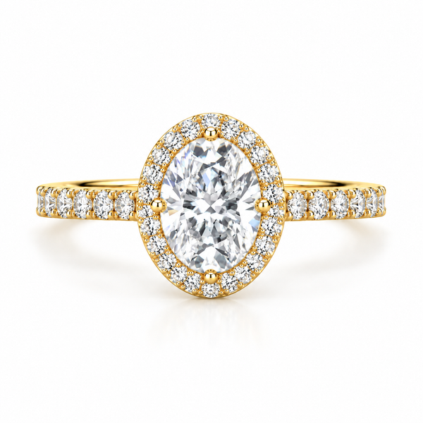 Oval Cut Lab Grown Diamond & Moissanite Halo Engagement Ring with Pavé Band
