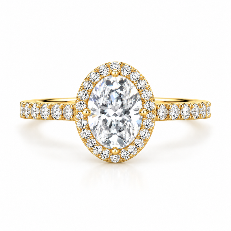 Oval Cut Lab Grown Diamond & Moissanite Halo Engagement Ring with Pavé Band