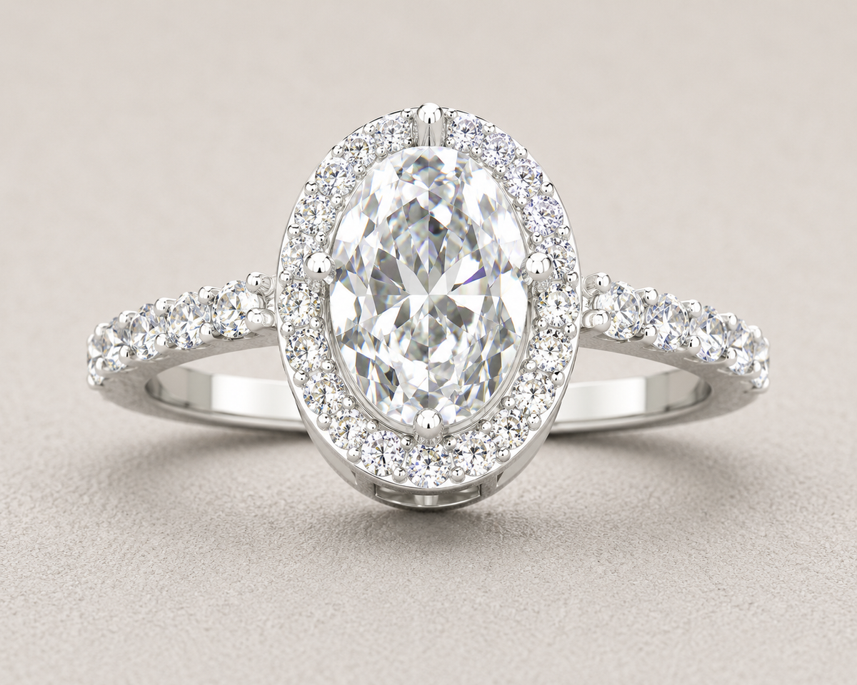 oval lab grown diamond engagement ring in 14k, top view