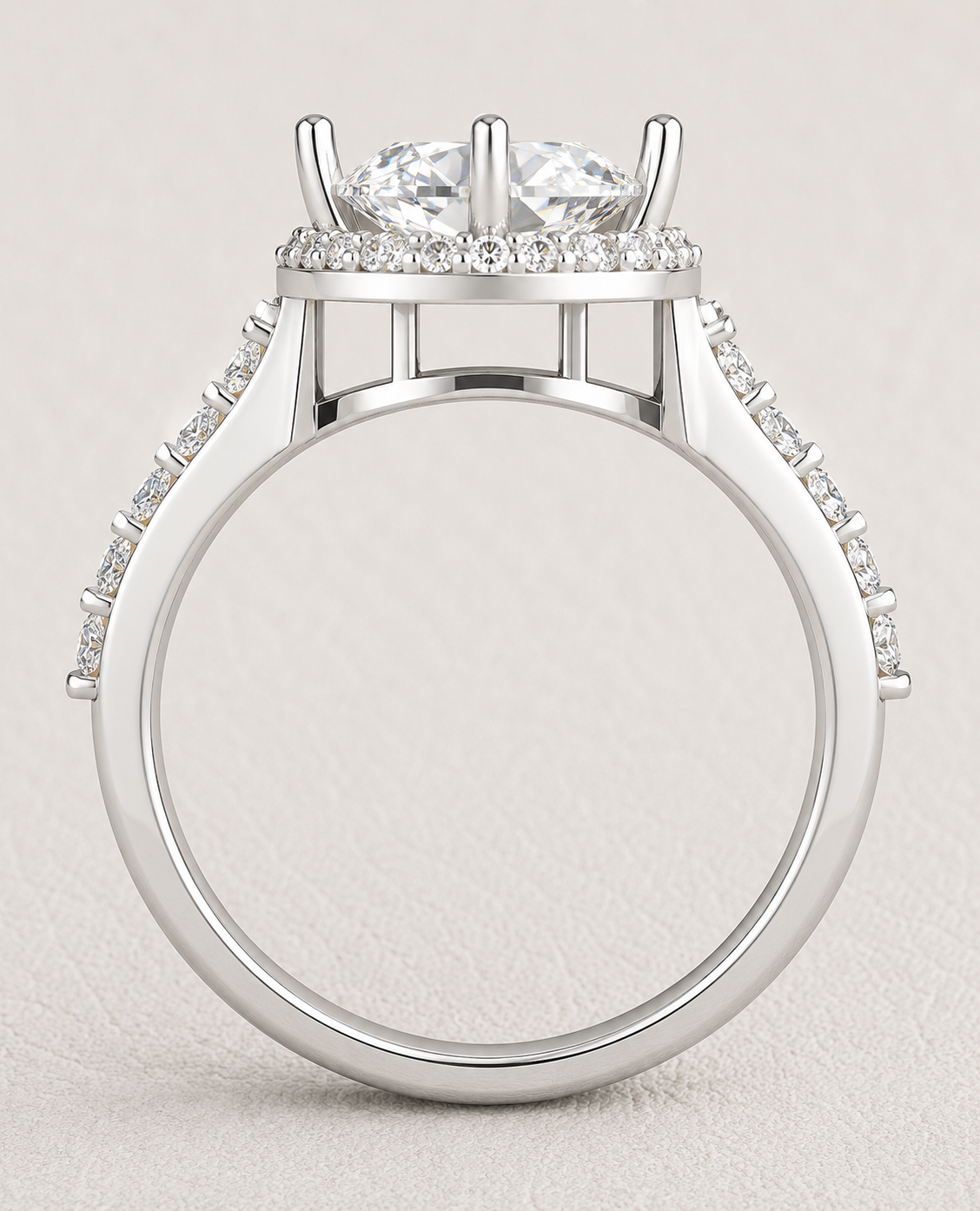 oval lab grown diamond engagement ring in 18k, side profile