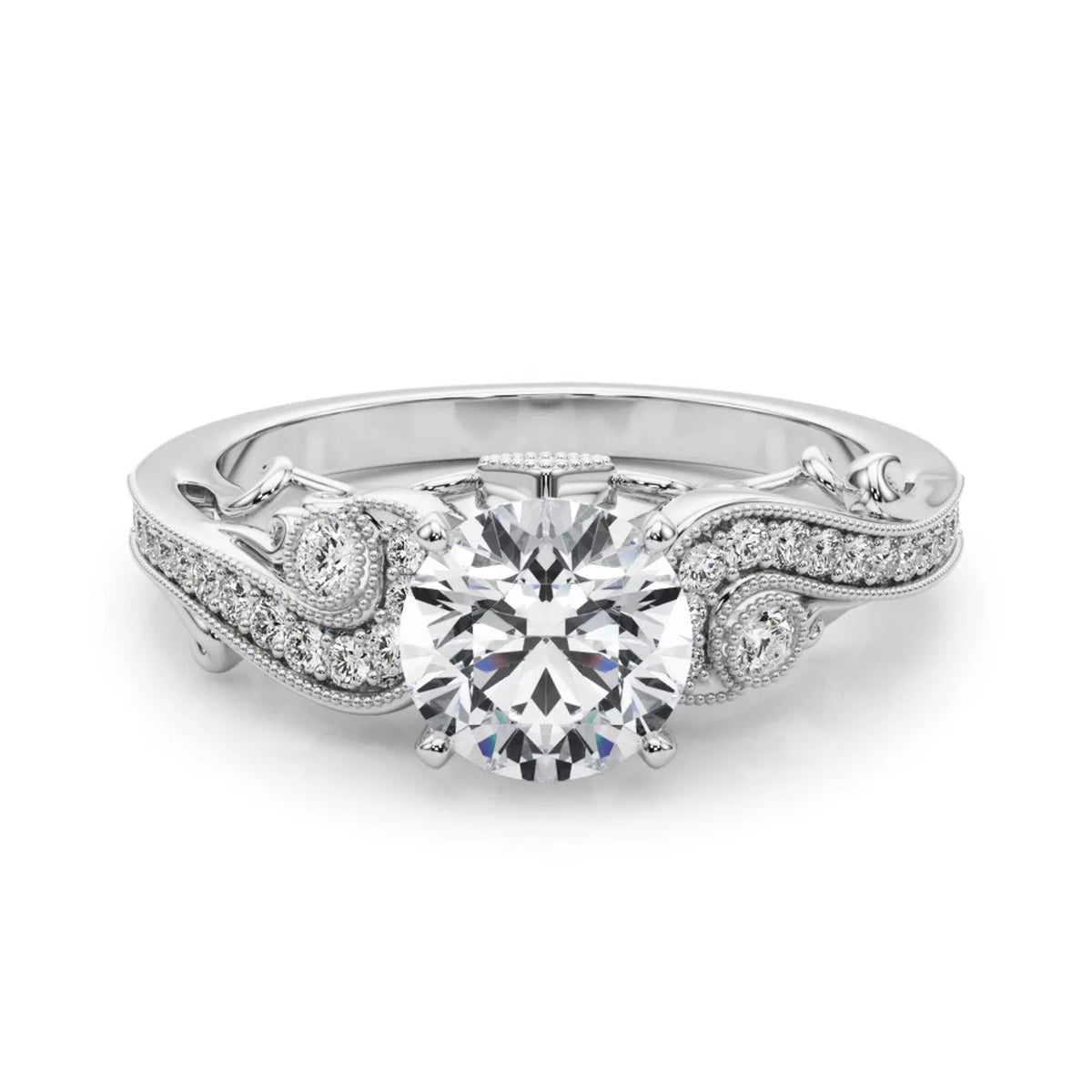 round lab grown diamond engagement ring in silver, three-quarter view