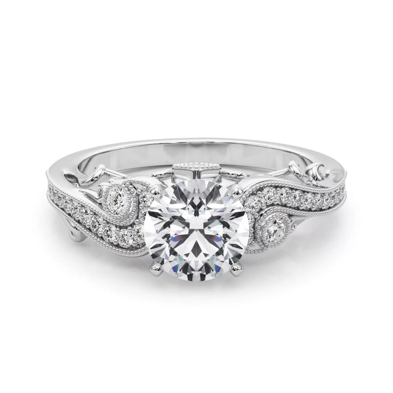 round lab grown diamond engagement ring in silver, three-quarter view