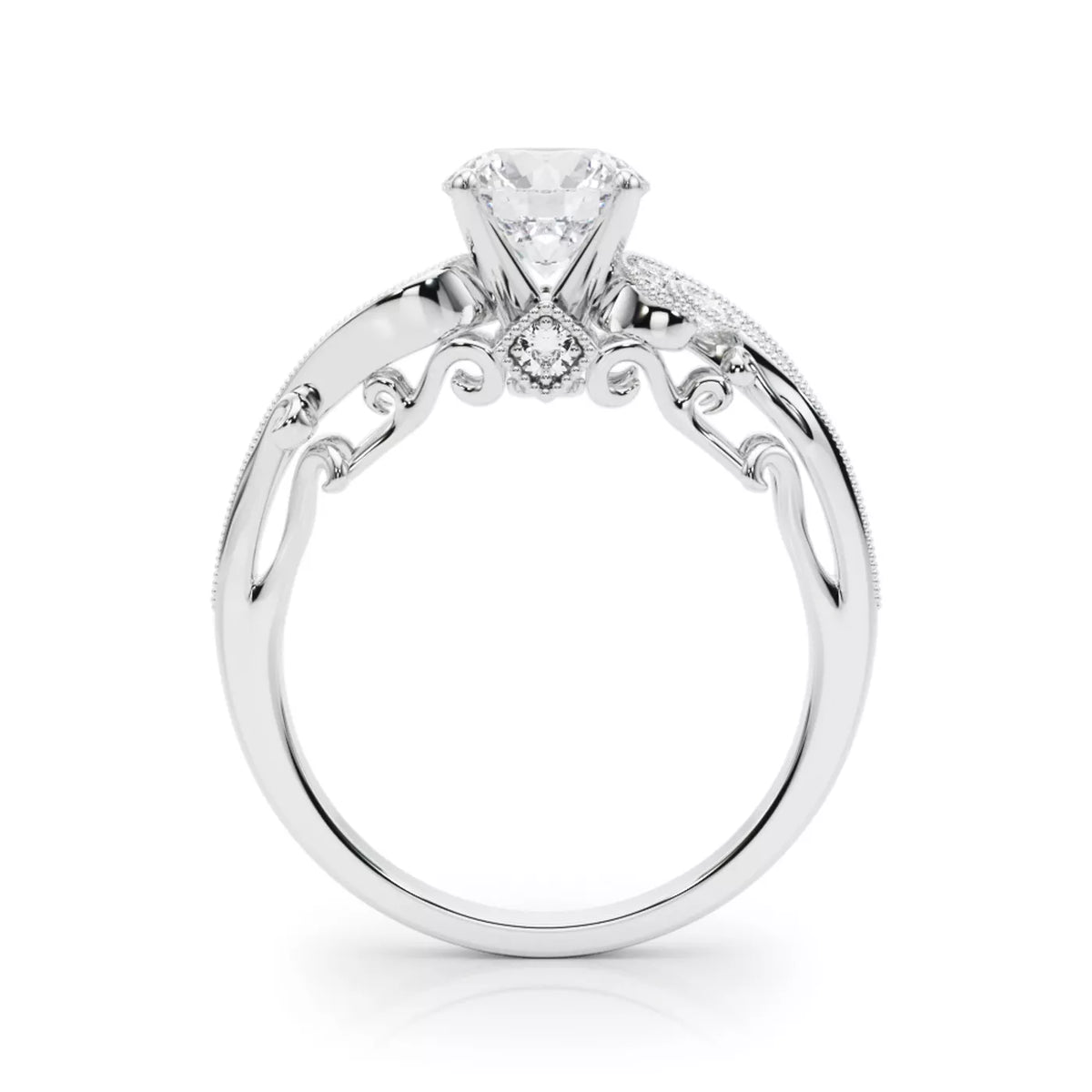round lab grown diamond engagement ring in silver, top view