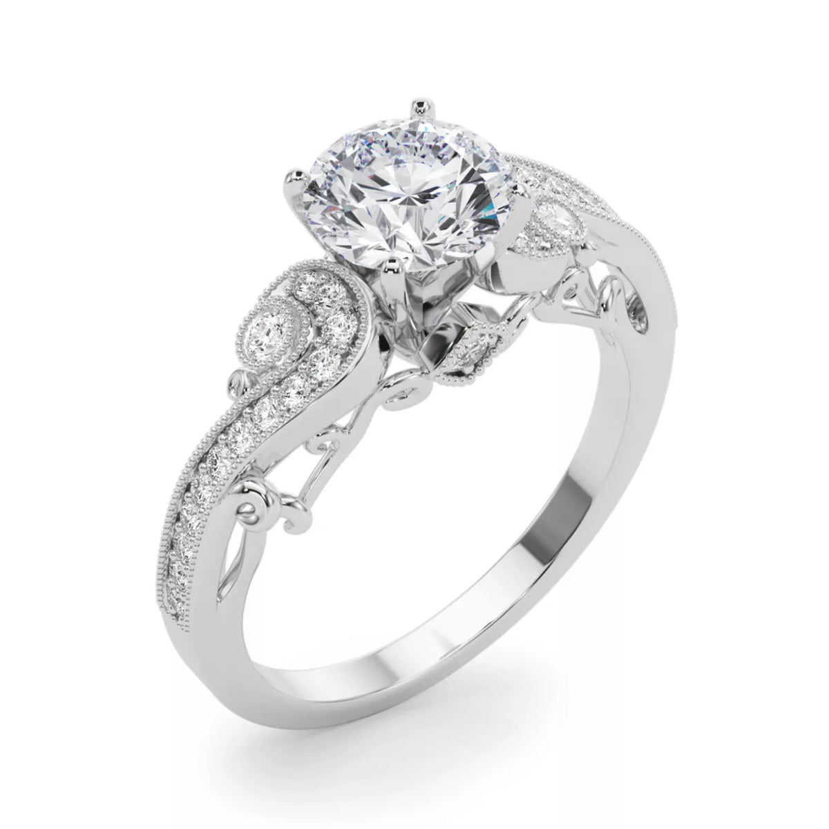 round lab grown diamond engagement ring in silver, side profile