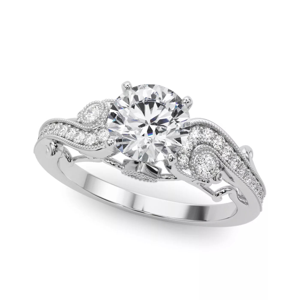 Round Cut Lab Grown Diamond And Moissanite Side Stone Engagement Ring with Pavé Band