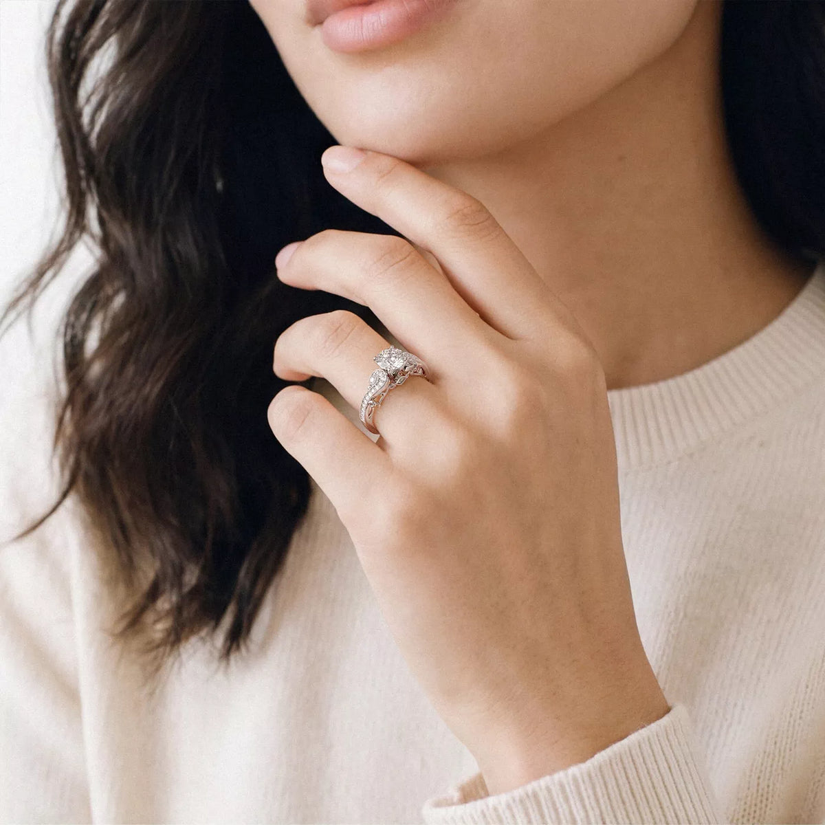 Round Cut Lab Grown Diamond And Moissanite Side Stone Engagement Ring with Pavé Band