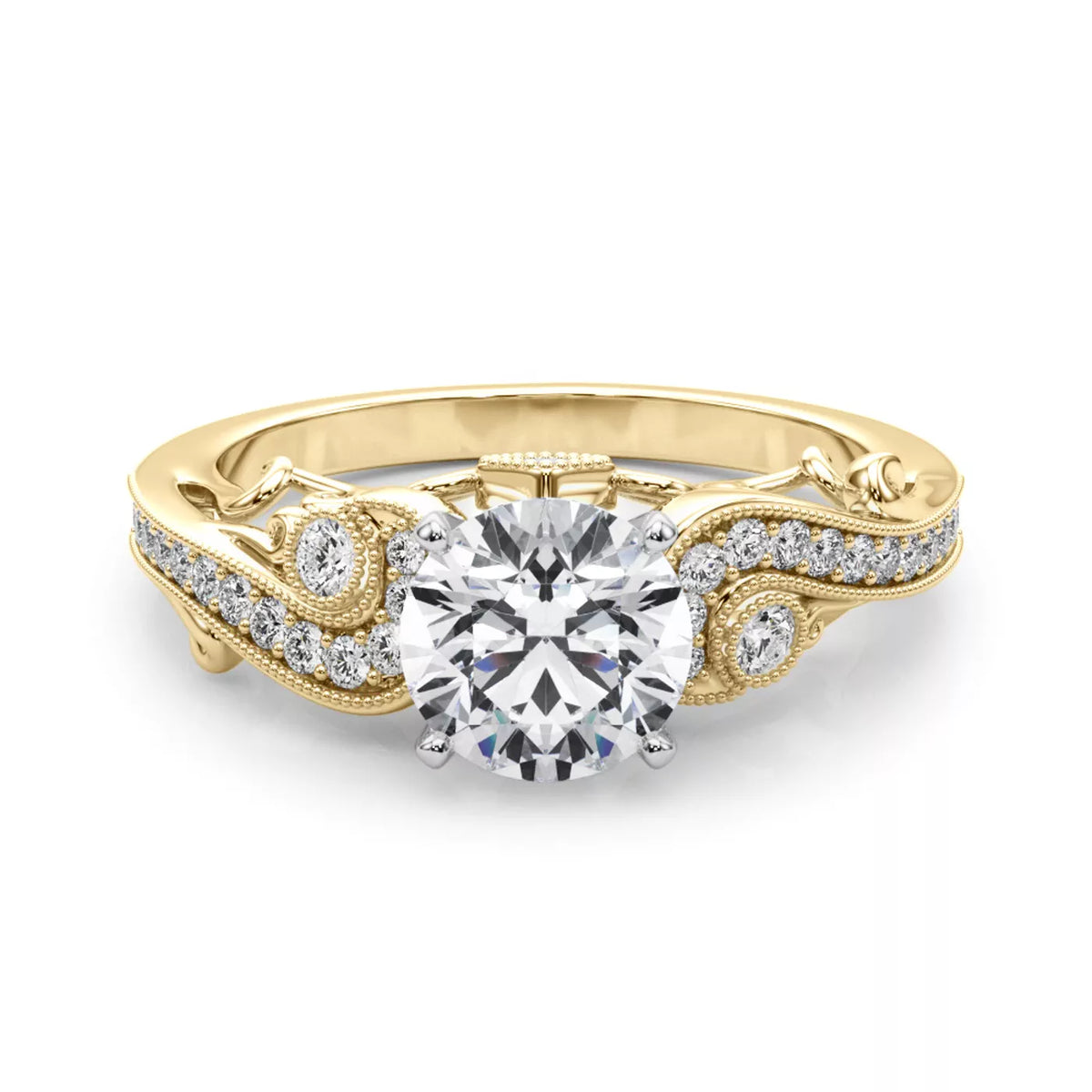 Round Cut Lab Grown Diamond And Moissanite Side Stone Engagement Ring with Pavé Band