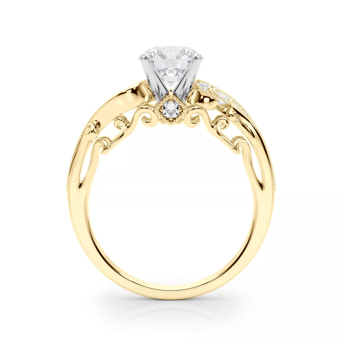 Round Cut Lab Grown Diamond And Moissanite Side Stone Engagement Ring with Pavé Band