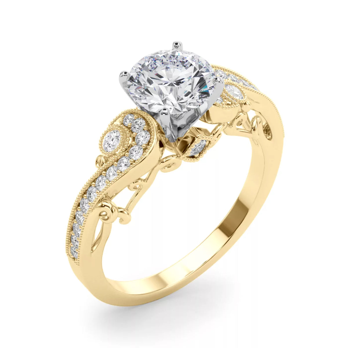Round Cut Lab Grown Diamond And Moissanite Side Stone Engagement Ring with Pavé Band