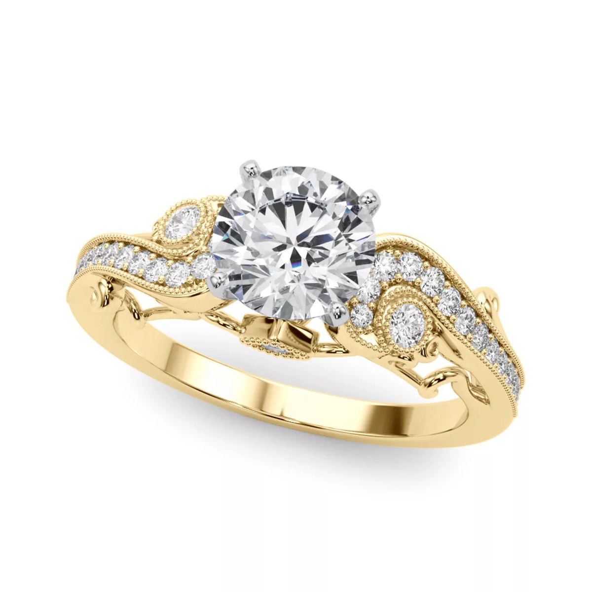 Round Cut Lab Grown Diamond And Moissanite Side Stone Engagement Ring with Pavé Band