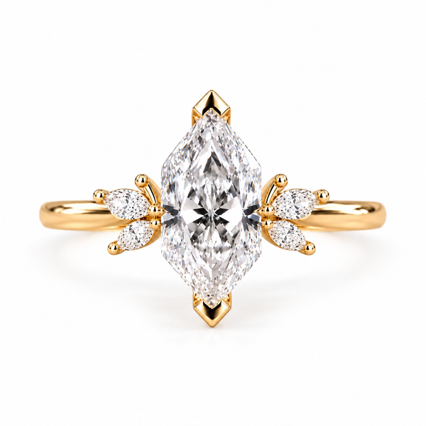marquise lab grown diamond engagement ring in gold, three-quarter view