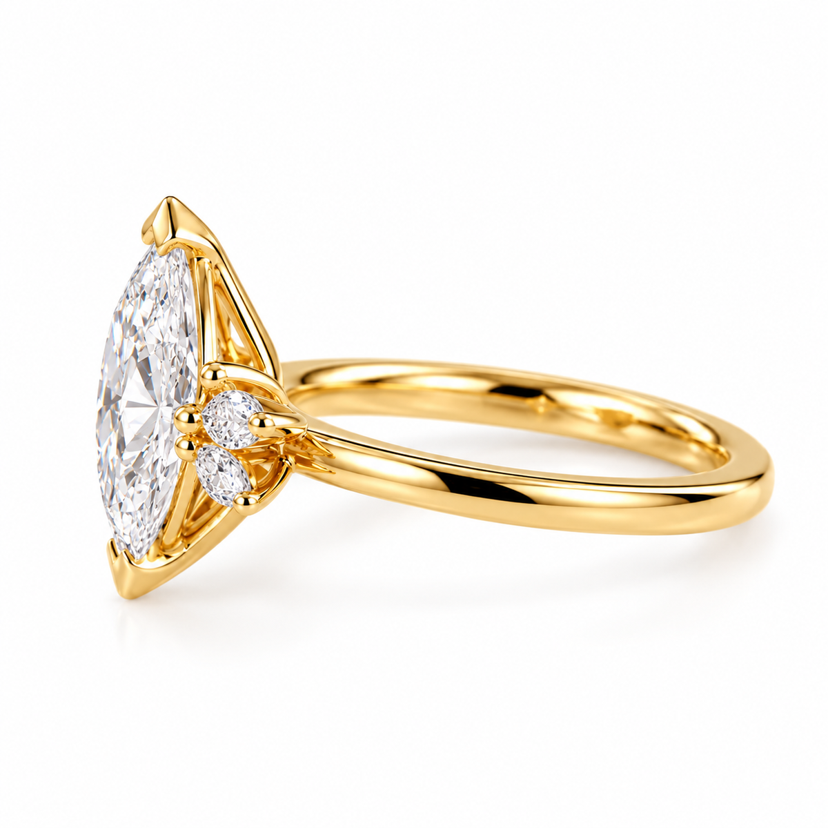 marquise lab grown diamond engagement ring in gold, top view