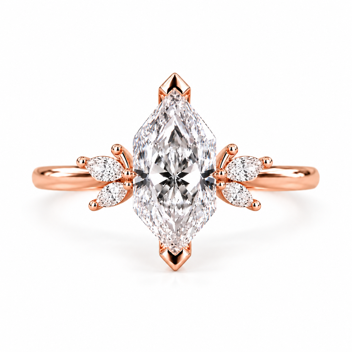marquise lab grown diamond engagement ring in gold, detail of the setting