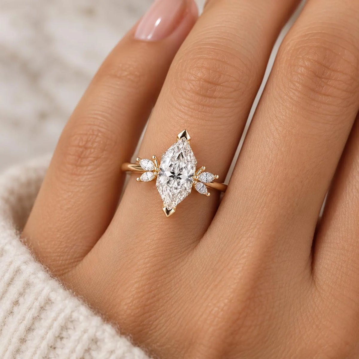 marquise lab grown diamond engagement ring in gold, on-hand
