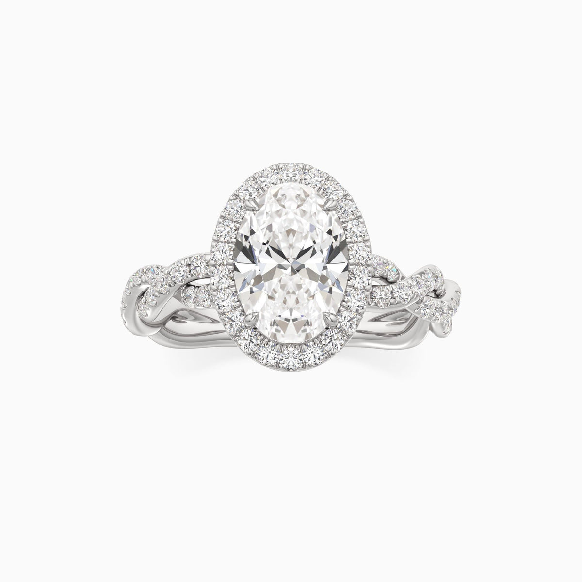 oval lab grown diamond engagement ring in silver, top view