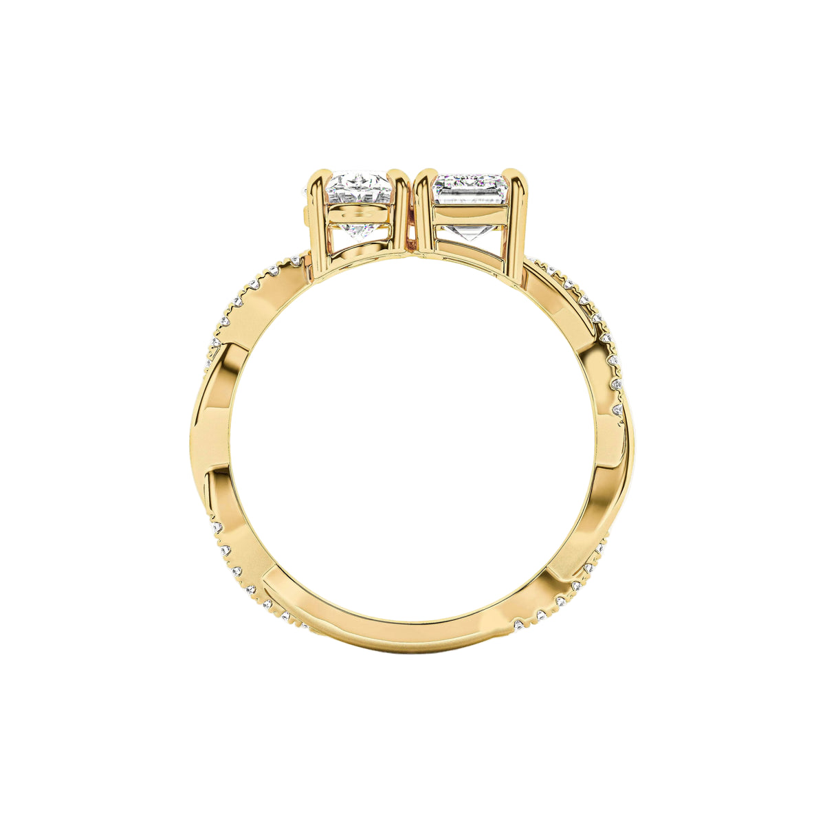 A yellow gold ring with two rectangular clear gemstones in a three-prong setting, accented by small pavé diamonds along the band, shown on a light gray background.