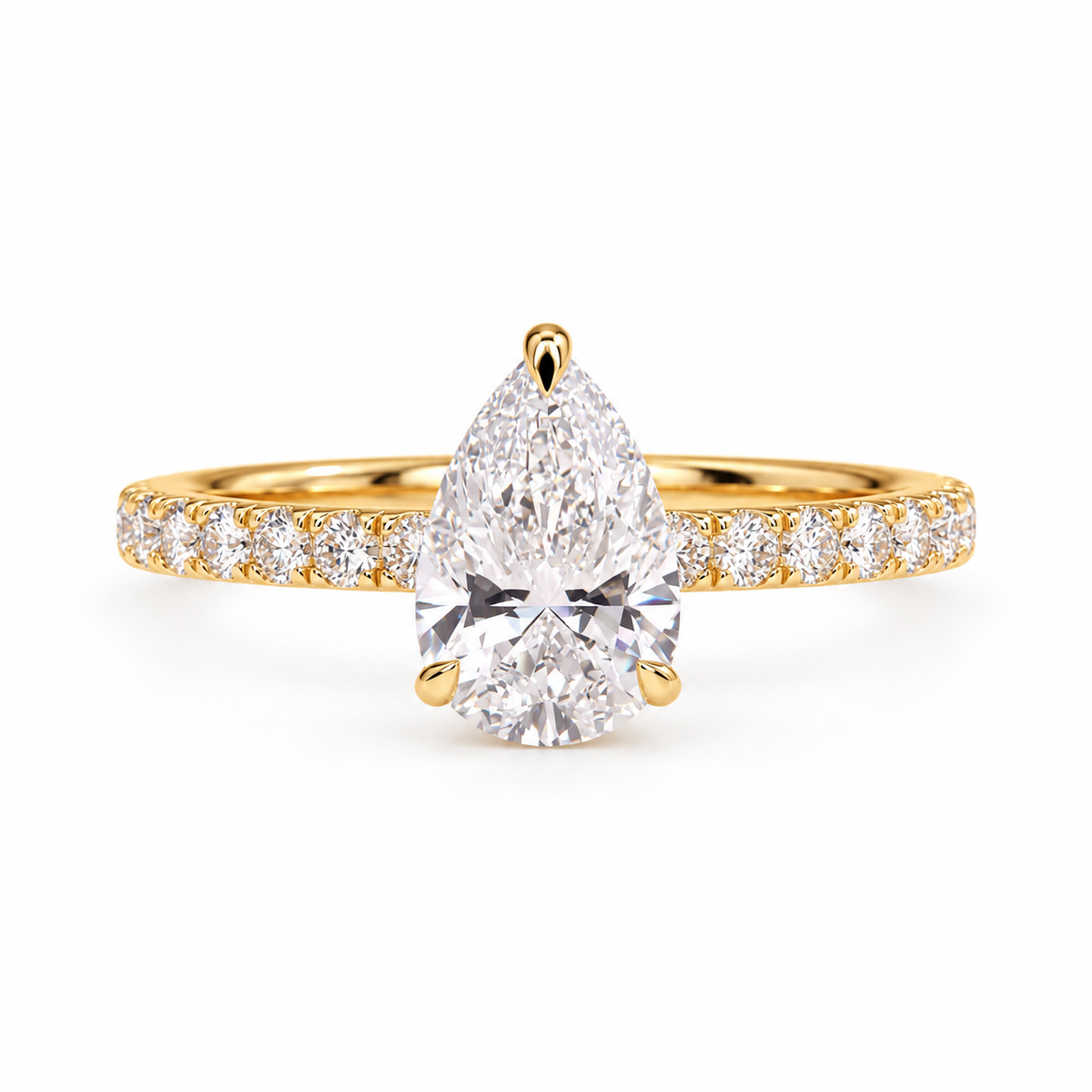 pear lab grown diamond engagement ring in gold, three-quarter view