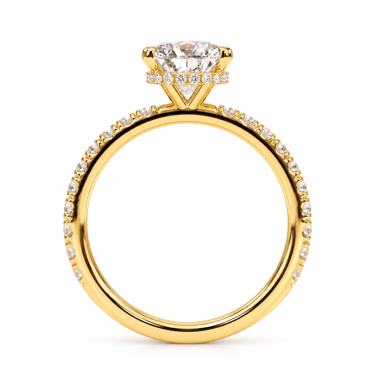 pear lab grown diamond engagement ring in gold, side profile