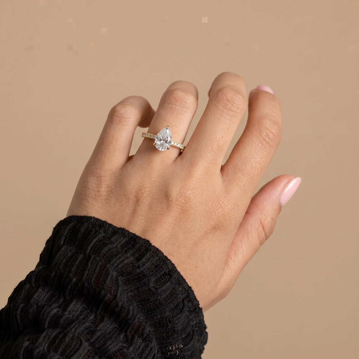 Drop Cut Engagement Ring 2ct Lab Grown Diamond Wrapping Hidden Halo Pavé Band Solitaire Gold