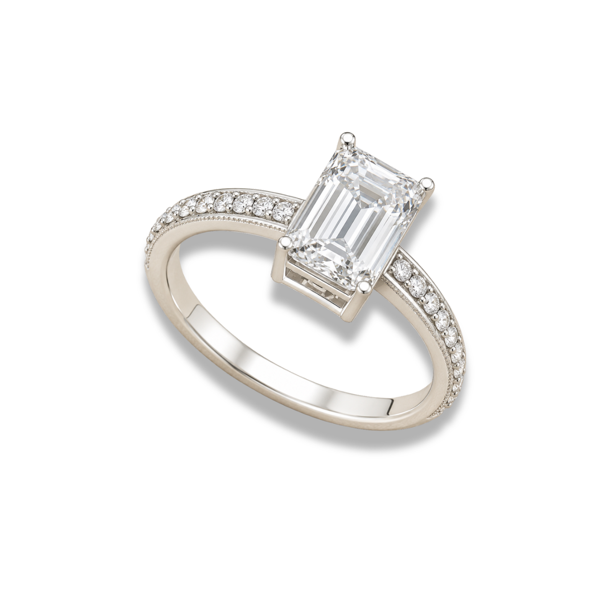 Emerald Cut Lab Grown Diamond & Moissanite Pavé Engagement Ring