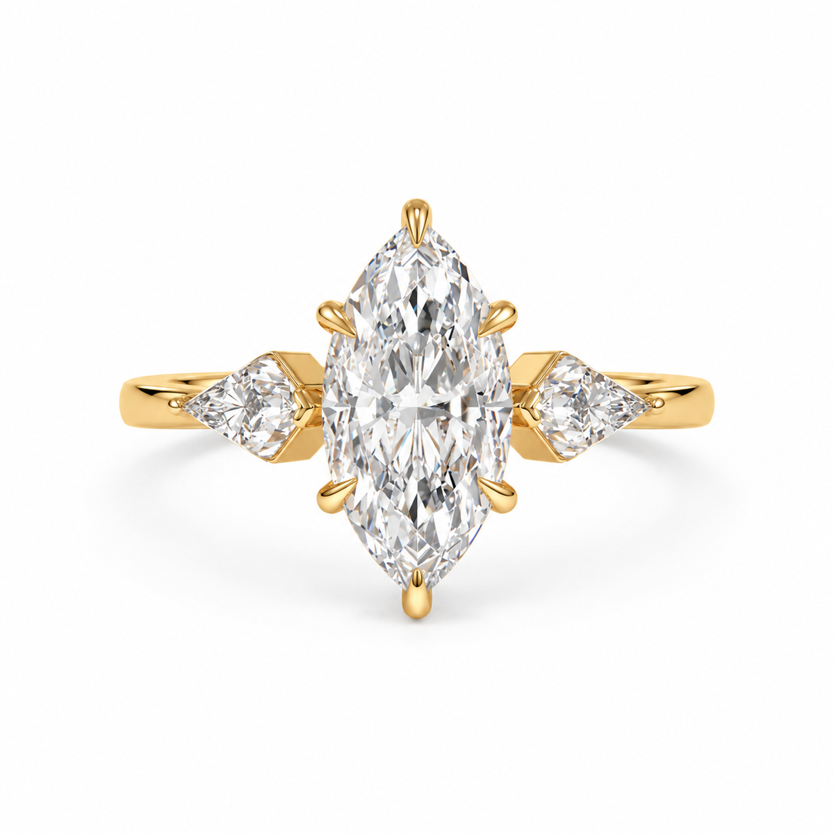 marquise lab grown diamond engagement ring in gold, three-quarter view