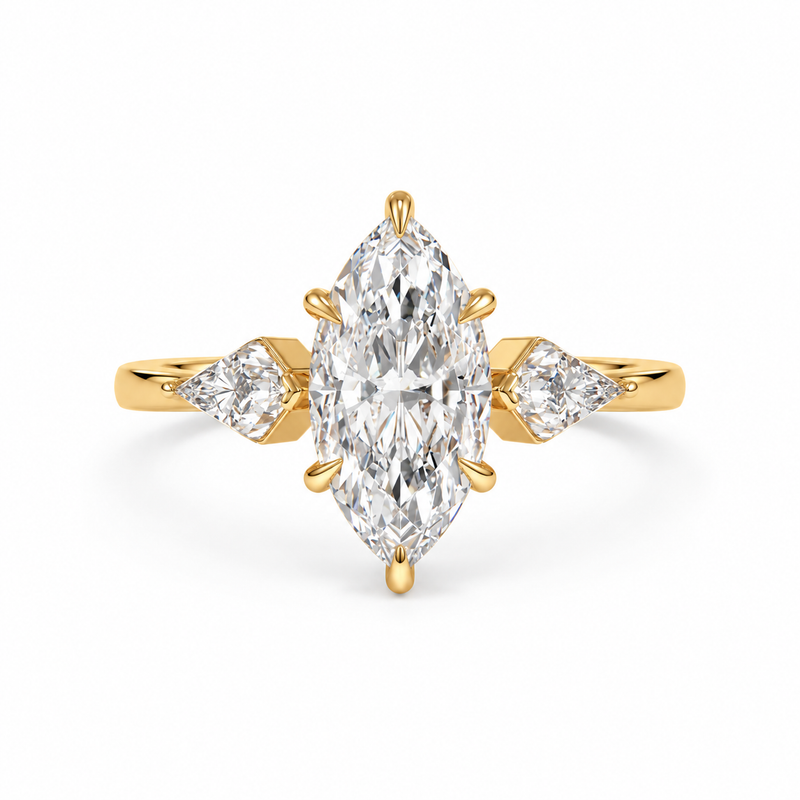 marquise lab grown diamond engagement ring in gold, three-quarter view