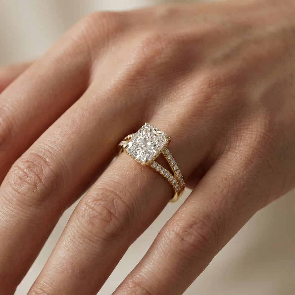 solitaire lab grown diamond engagement ring in silver, side profile