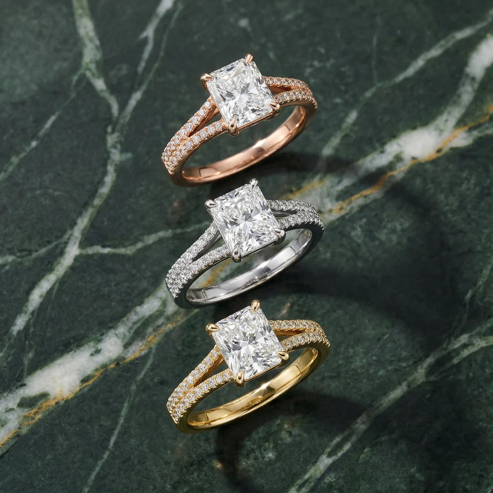 Radiant Cut Pavé Split Shank Solitaire Engagement Ring – Lab Grown Diamond & Moissanite