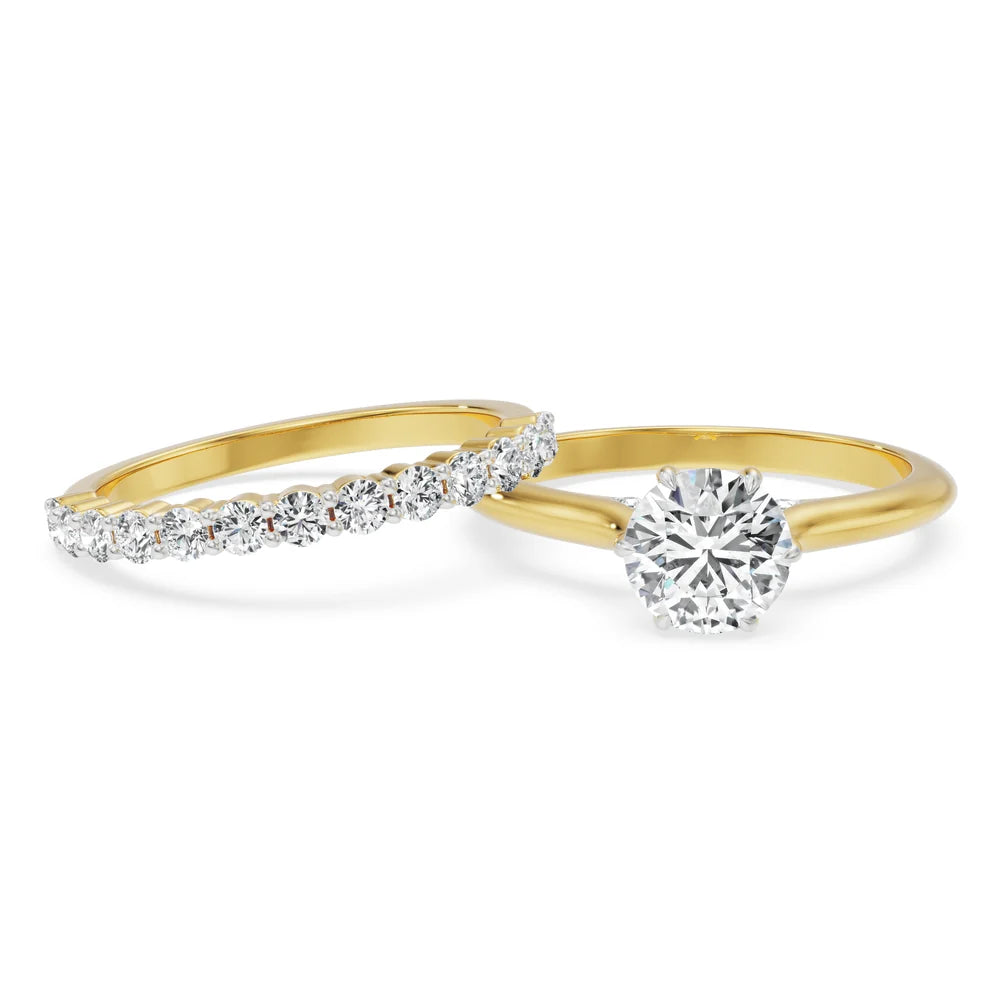 Round Diamond Engagement Ring & Pavé Wedding Band Set Stackable rings Lab Grown Diamond & Moissanite
