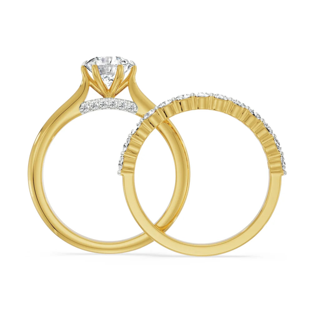 Round Diamond Engagement Ring & Pavé Wedding Band Set Stackable rings Lab Grown Diamond & Moissanite