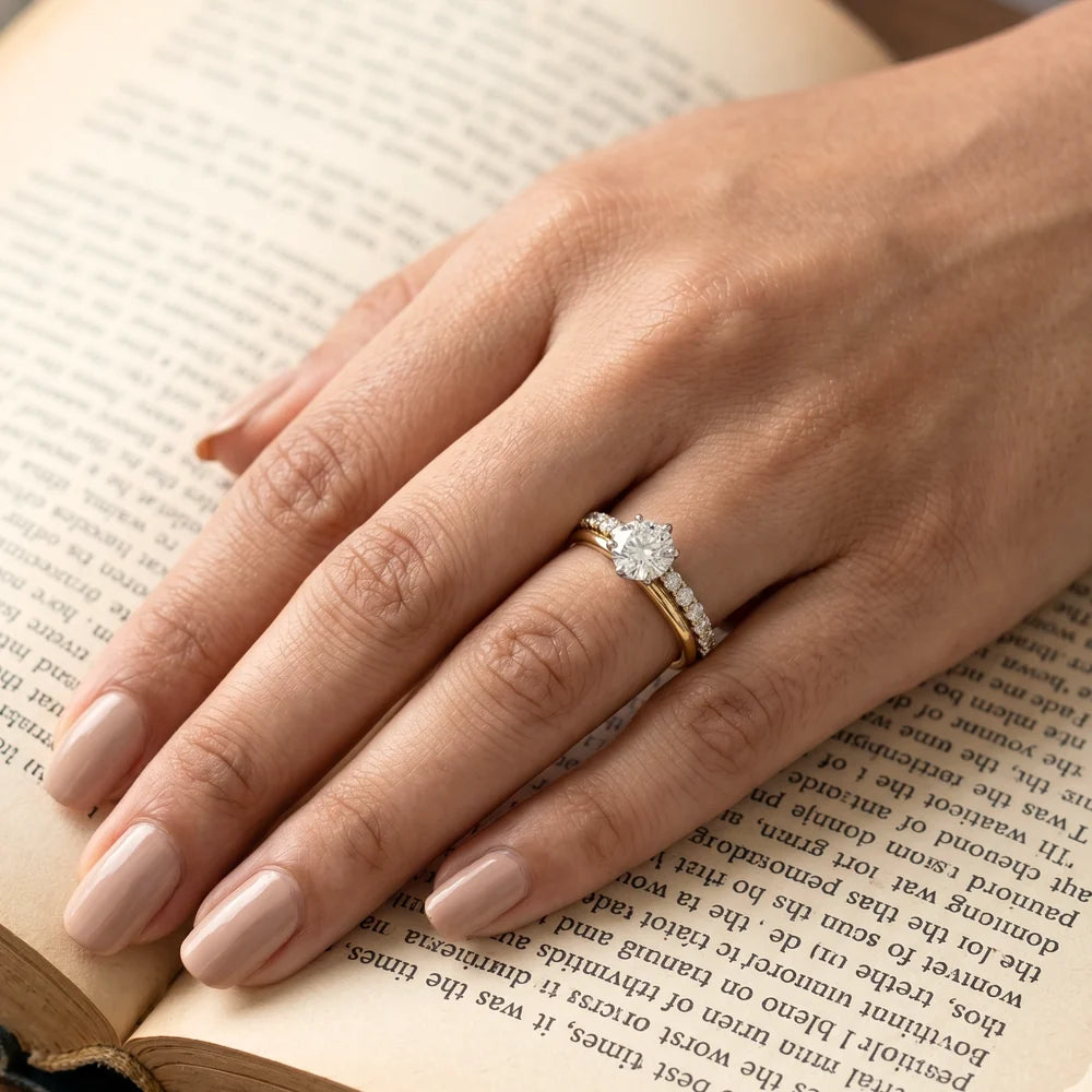 Round Diamond Engagement Ring & Pavé Wedding Band Set Stackable rings Lab Grown Diamond & Moissanite