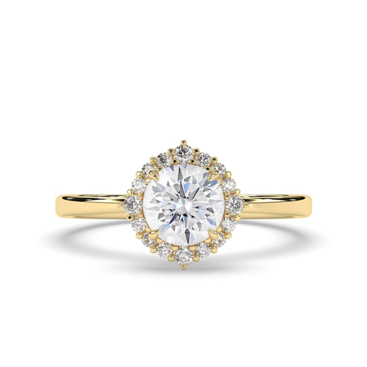 round lab grown diamond engagement ring in silver, three-quarter view
