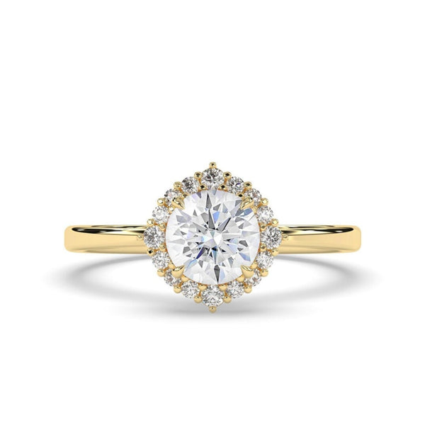round lab grown diamond engagement ring in silver, three-quarter view