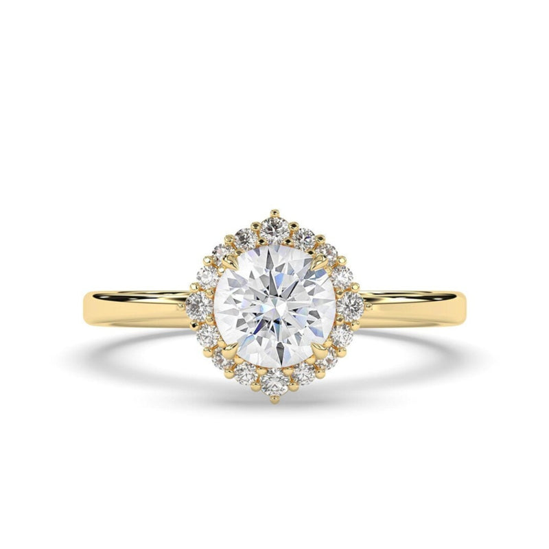 round lab grown diamond engagement ring in silver, three-quarter view