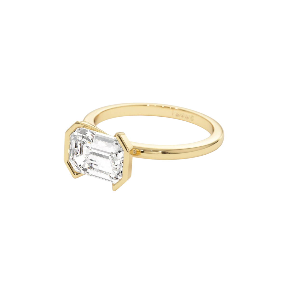 emerald lab grown diamond engagement ring in gold, three-quarter view