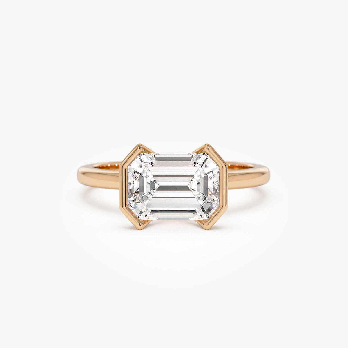emerald lab grown diamond engagement ring in gold, detail of the setting