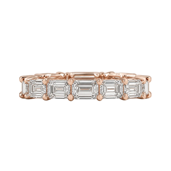 emerald lab grown diamond eternity ring in silver, three-quarter view