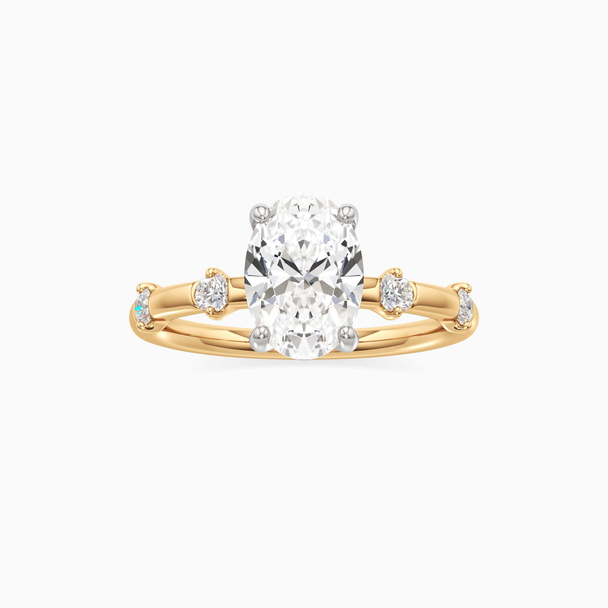 oval lab grown diamond engagement ring in gold, three-quarter view