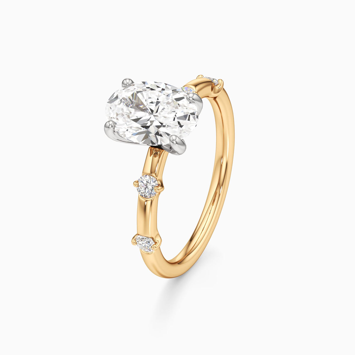 oval lab grown diamond engagement ring in gold, top view
