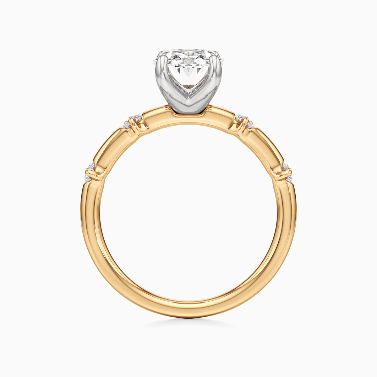 oval lab grown diamond engagement ring in gold, side profile