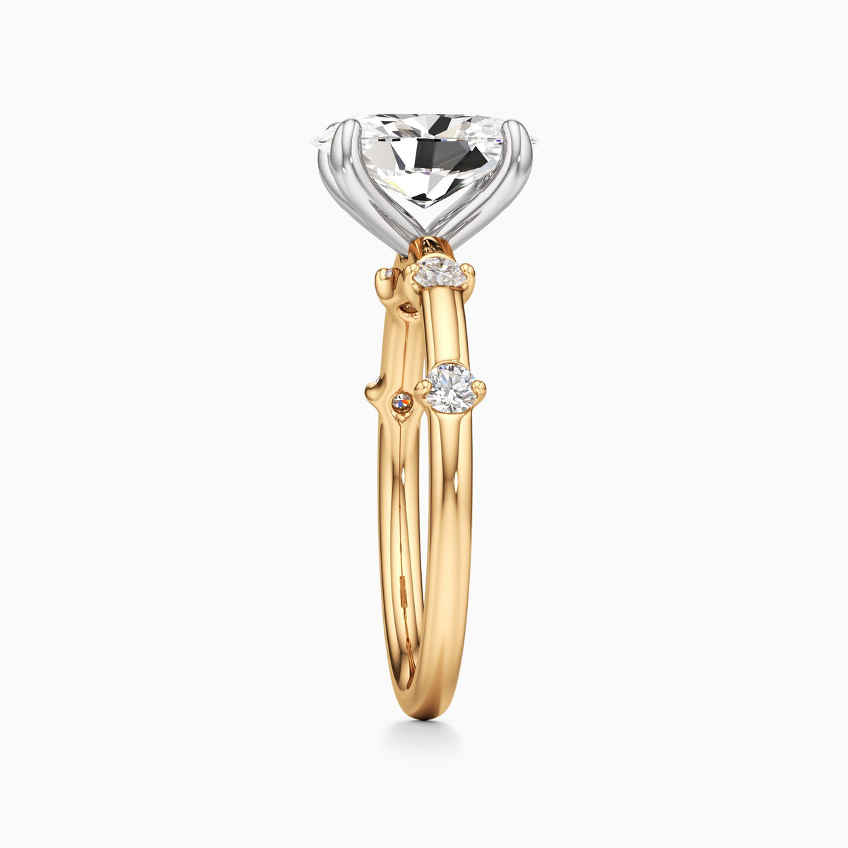 oval lab grown diamond engagement ring in gold, detail of the setting