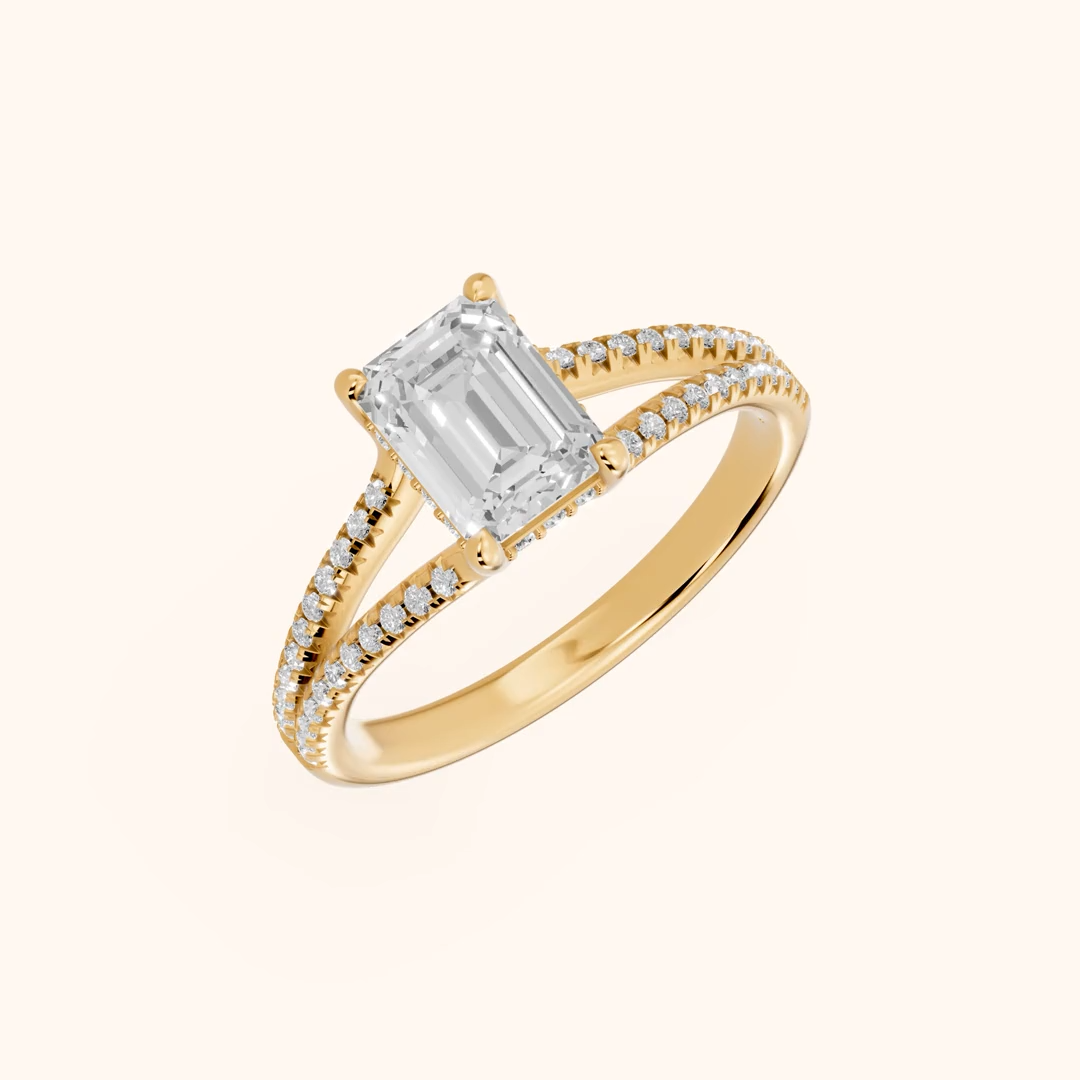 emerald lab grown diamond engagement ring in silver, three‑quarter view